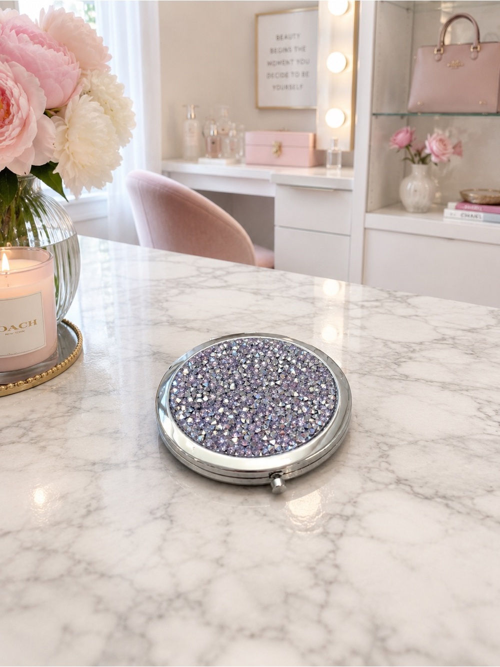 Mirror Compact Sparkling Grey Crystals